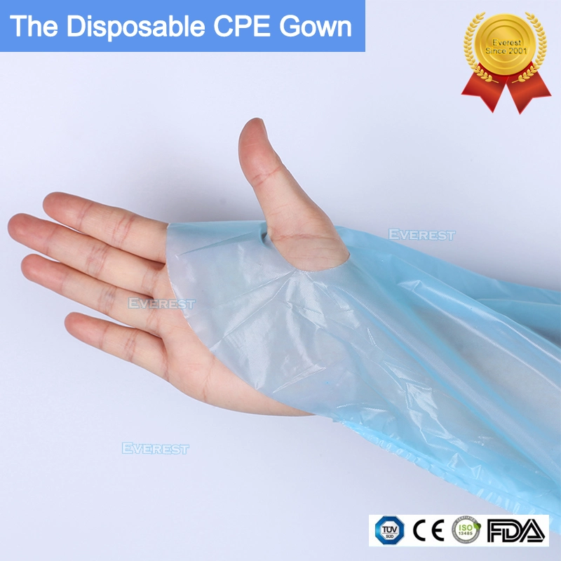 35/45g Chlorinated Polyethylene/Plastic/CPE/PP+PE/SMS Nonwoven Disposable CPE Protective Isolation Gown with Thumb Loop