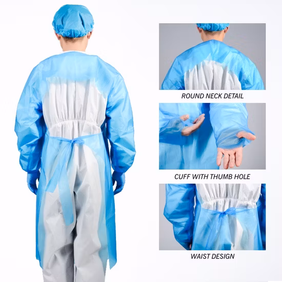 Желтый/синий AAMI: Pb70 Уровень 2 Уровень 3 SMS 45 GSM /PP/PE/CPE и одноразовые водонепроницаемые изоляционные халаты размера XXL Xxxl с FDA, CE